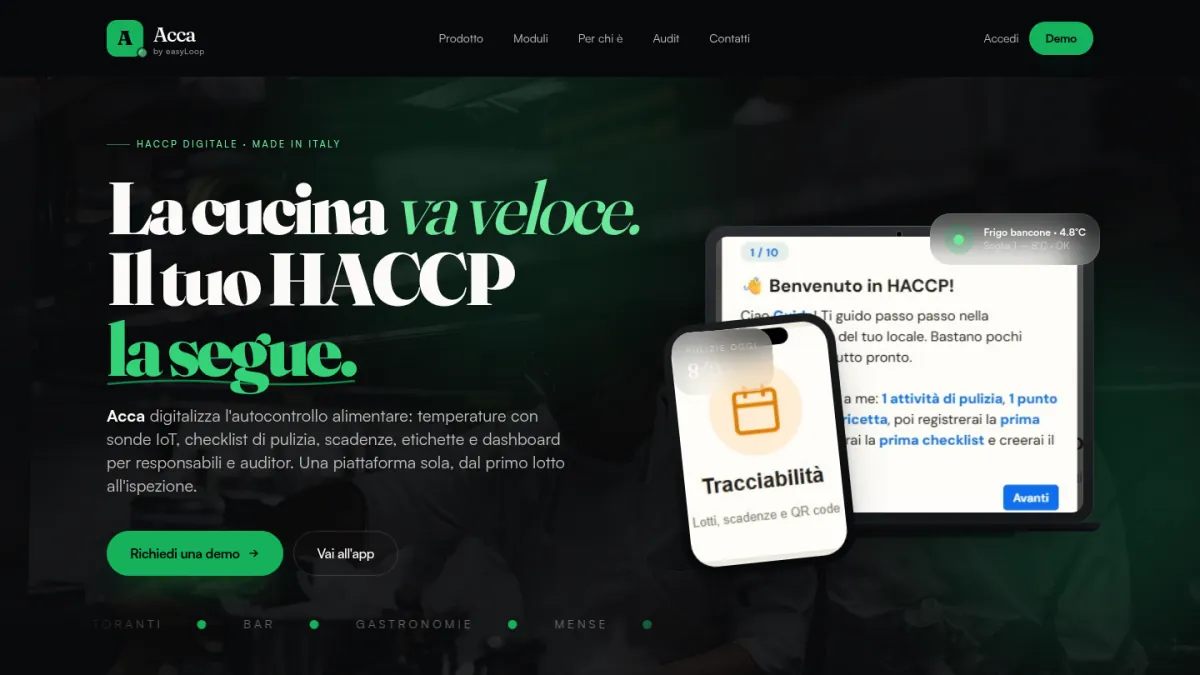 La home di Acca, HACCP digitale, con tablet e telefono che mostrano l'app
