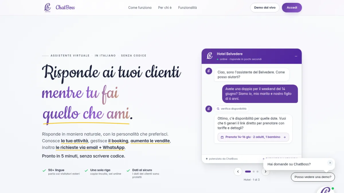 La home di chatboss.it con un esempio di conversazione con l'assistente di un hotel