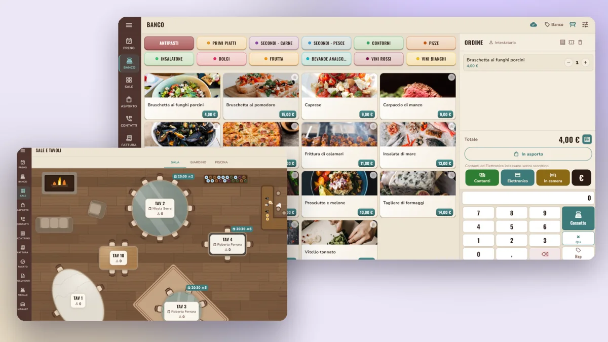 easyRisto: il banco con i prodotti e la mappa della sala con i tavoli