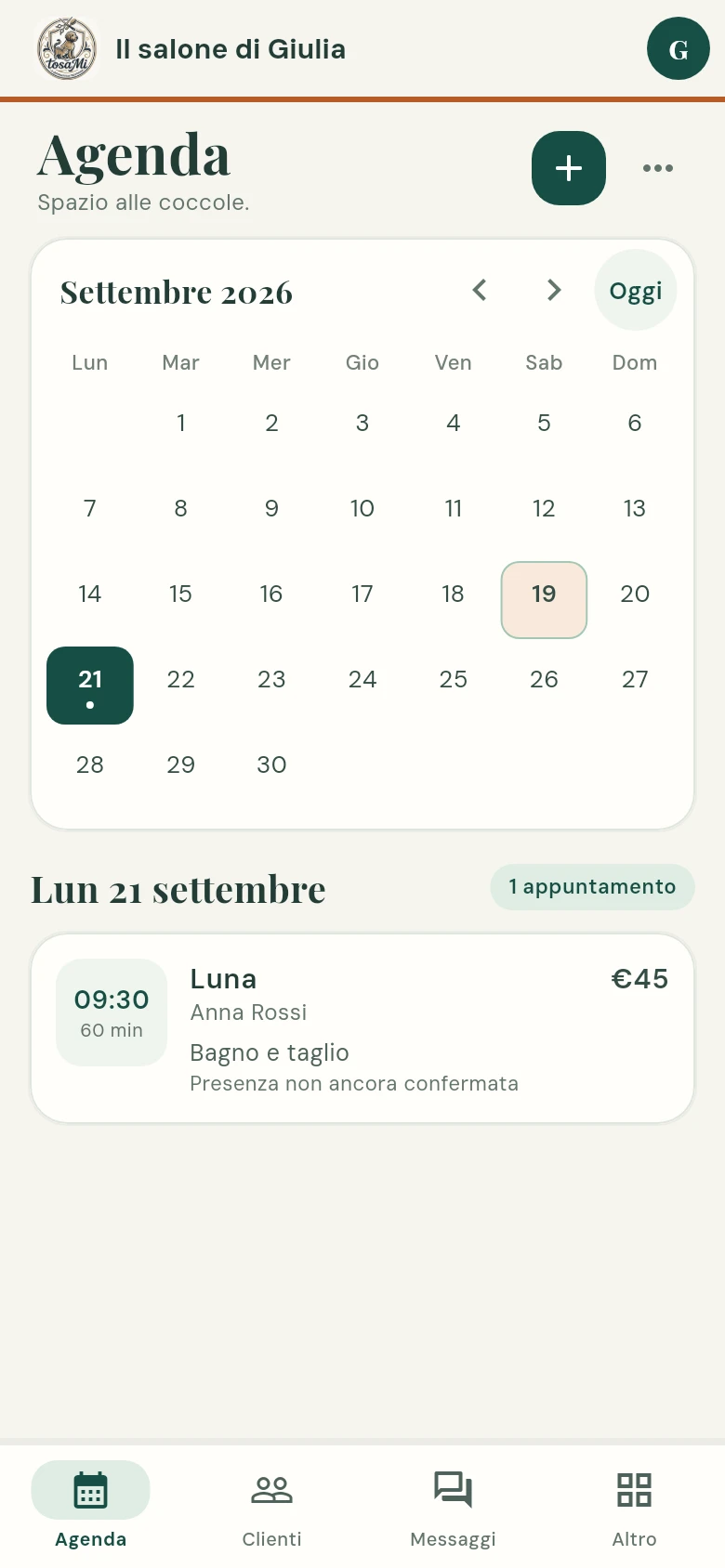 Agenda di tosaMi: schermata dimostrativa